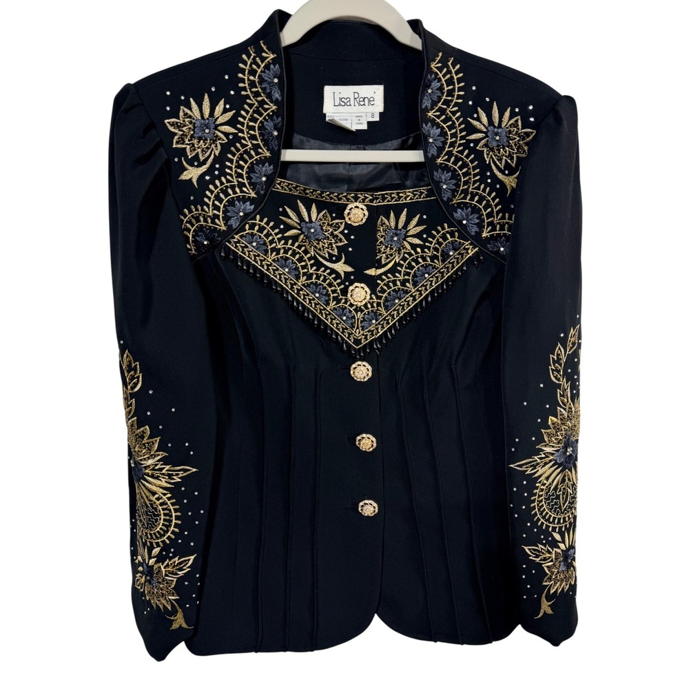 Lisa Rene Blazer Embroidered Beaded Evening Jacket Womens 8 Black Career Artcore